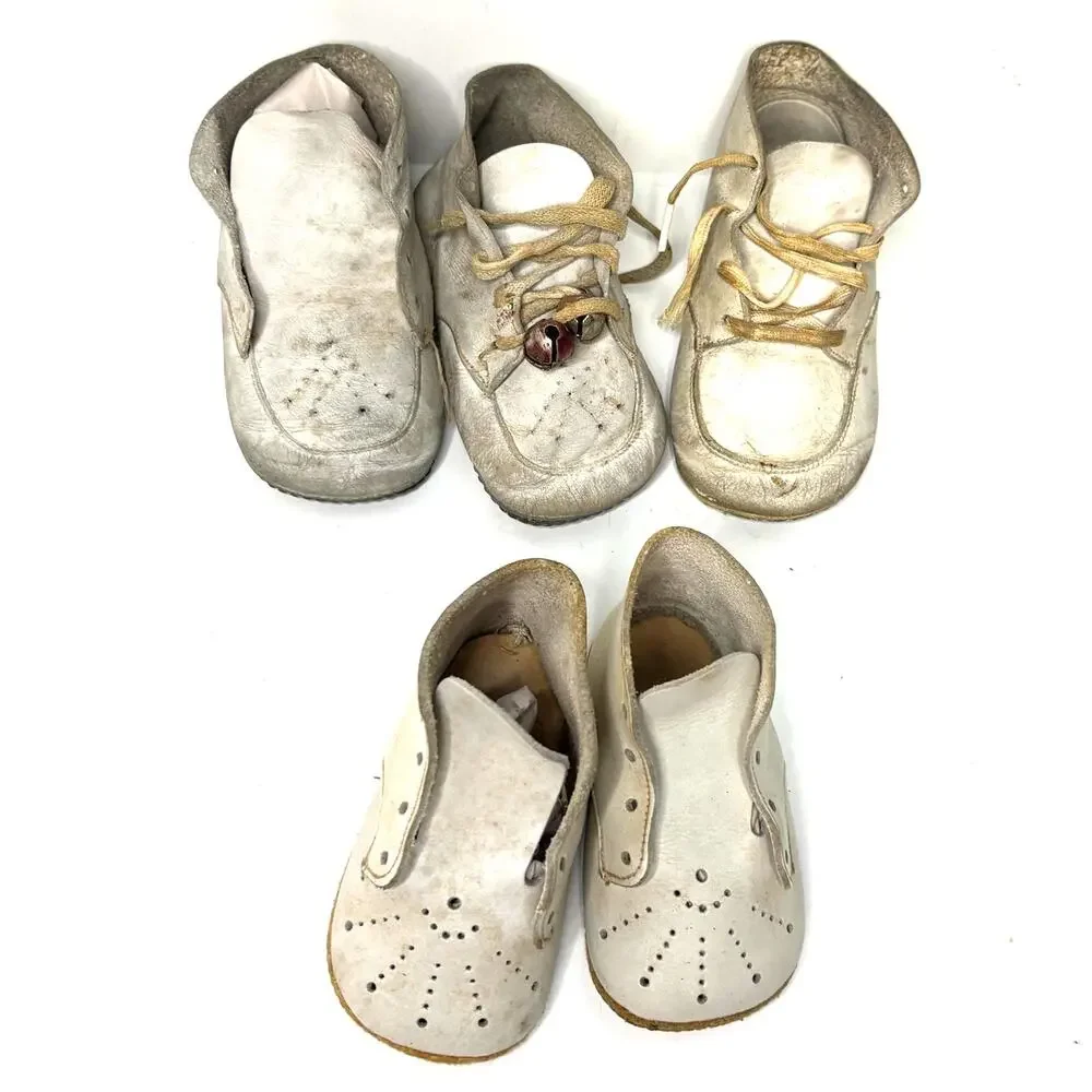 Vintage White Leather Baby Shoes Lot 1940s–1960s Keepsake Lace Up Doll Shoes